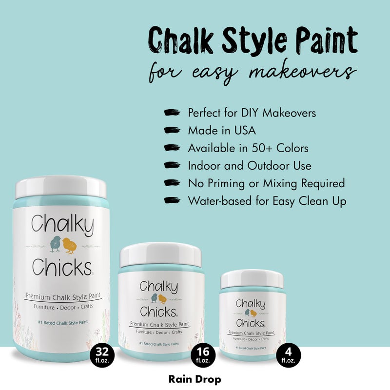 Chalky Chicks All-in-One Chalk Paint for Furniture or Cabinet - 32 Fl Oz - Matte Finish Rain Drop (Light Blue) for Metal, Wood Furniture Paint - No Sanding All-in-One for Home Decor & Crafts, USA Made - Image 2